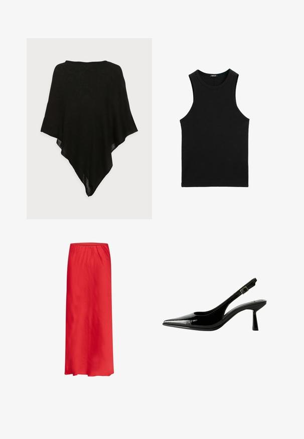 Black shawl with a lightweight, sheer fabric. Features a triangular shape and a smooth texture, with a simple, minimalistic design.; Black ribbed tank top with a round neckline and wide armholes. Made of soft, stretchy fabric. Simple, form-fitting design.; Red maxi skirt made of lightweight fabric, featuring an elasticated waistband and a smooth, flowing design. No patterns or embellishments.; Black patent leather slingback pump with a pointed toe, cutout sides, adjustable ankle strap, and a thin, sleek heel.