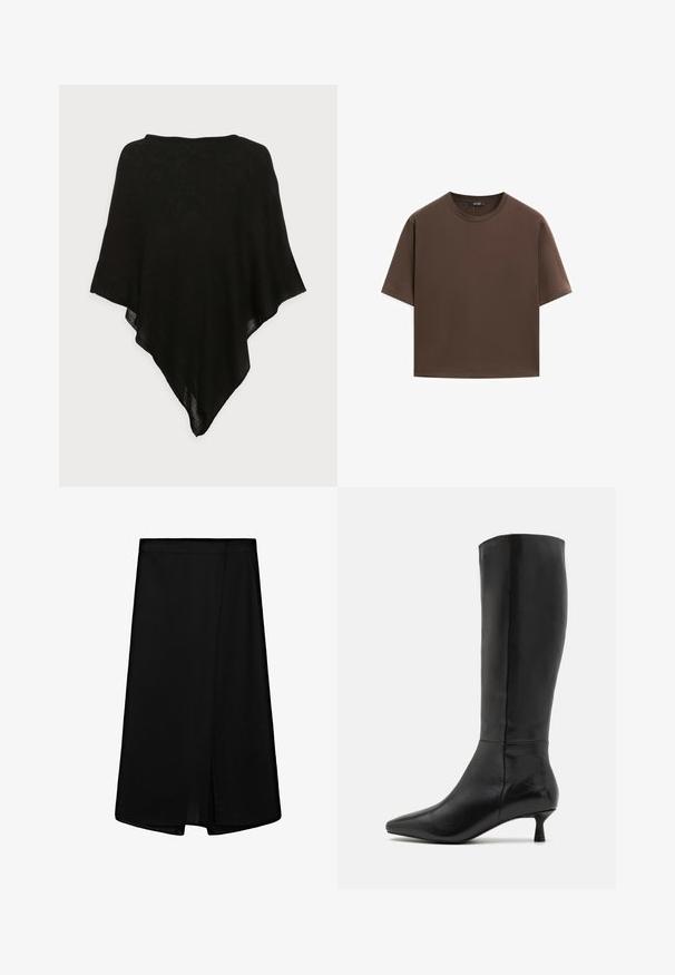 Schwarzer Schal aus leichtem, durchscheinendem Stoff. Er hat eine dreieckige Form und eine glatte Textur, mit einem einfachen, minimalistischen Design.; Braunes Baumwoll-T-Shirt, kurze Ärmel, runder Halsausschnitt, lockere Passform, glatte Textur, minimalistisches Design, keine sichtbaren Muster oder Akzente.; Schwarzer knielanger Rock mit hoher Taille und einem Schlitzdetail vorne.; Zign Stiefel - black