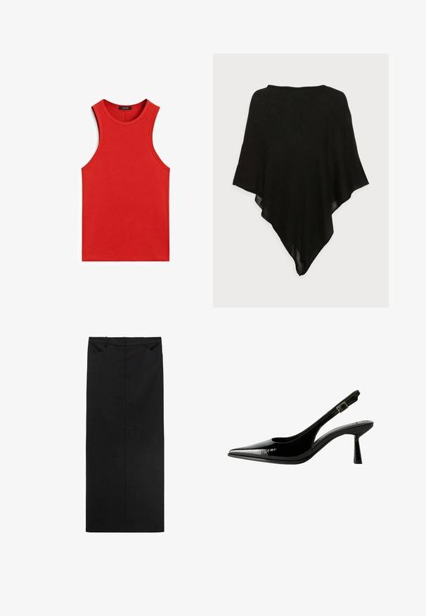 Black shawl with a lightweight, sheer fabric. Features a triangular shape and a smooth texture, with a simple, minimalistic design.; Red ribbed tank top with a round neckline and sleeveless design. Smooth texture and fitted shape, featuring no additional patterns or accents.; Black midi skirt made of smooth fabric with a straight cut, featuring a waistband and two front pockets. Minimalist design with no patterns.; Black patent leather slingback pump with a pointed toe, cutout sides, adjustable ankle strap, and a thin, sleek heel.