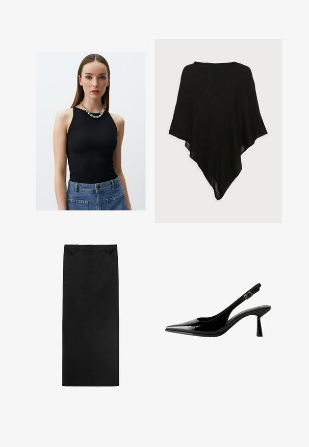 Czarny szal z lekkiego, przezroczystego materiału. Posiada trójkątny kształt i gładką teksturę, charakteryzuje się prostym, minimalistycznym wzornictwem.; Jimmy Key SLIM FIT czarny; Czarna midi spódnica wykonana z gładkiego materiału o prostym kroju, wyposażona w pasek w talii i dwie przednie kieszenie. Minimalistyczny fason bez wzorów.; Czarne lakierowane pantofle na obcasie typu slingback z ostrym noskiem, wyciętymi bokami, regulowanym paskiem na kostce i cienkim, smukłym obcasem.
