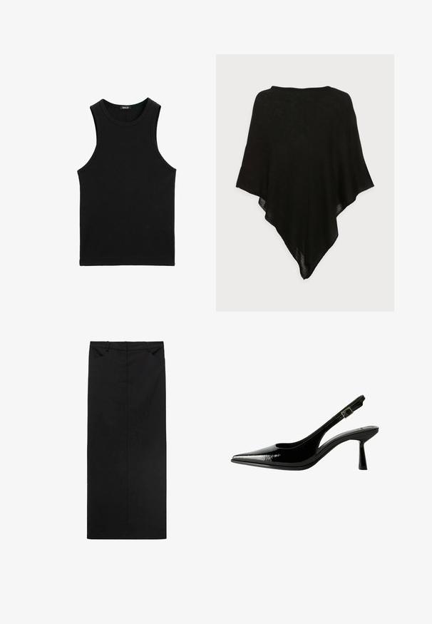 Černý šátek s lehkým, průsvitným materiálem. Má trojúhelníkový tvar a hladkou strukturu, s jednoduchým, minimalistickým designem.; Černý žebrovaný top s kulatým výstřihem a širokými průramky. Vyroben z měkkého, elastického materiálu. Jednoduchý, přiléhavý design.; Černá midi sukně vyrobená z hladké tkaniny s rovnými liniemi, s pasem a dvěma předními kapsami. Minimalistický design bez vzorů.; Černé lakované kožené lodičky na podpatku s špičatou špičkou, výřezy na stranách, nastavitelným páskem kolem kotníku a tenkým, elegantním podpatkem.