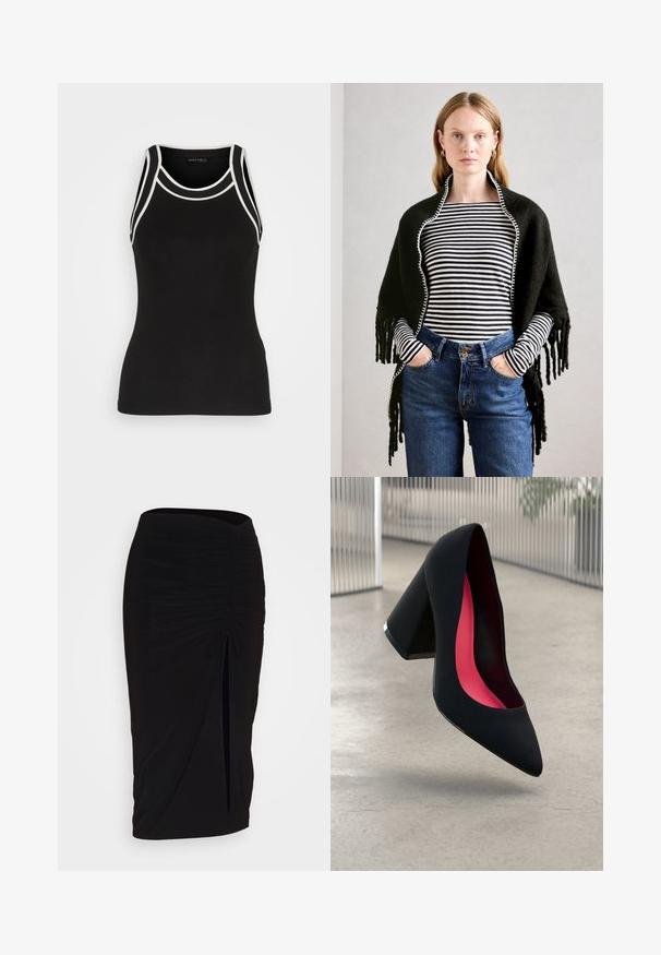 Vrouw met licht haar draagt een zwarte sjaal over een zwart-wit gestreepte longsleeve en high-waisted blauwe jeans, met haar handen in de zakken.; Zwarte geribde tanktop met witte accentdetails. Kenmerkt zich door een ronde halslijn en racerback ontwerp. Gemaakt van een rekbare stof voor comfort.; Zwarte, gerimpelde kokerrok met strikdetail en een zijsplit. Gemaakt van een rekbaar stof, met een soepele textuur en een aansluitend ontwerp.; Zwarte hoge hak met een spitse neus, textuur op het oppervlak en een opvallend roze interieur. Beschikt over een chunky hak met zilveren accent.
