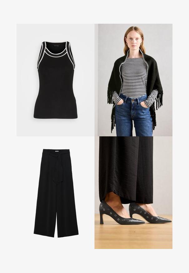 Kvinna med ljust hår iklädd svart sjal över svart-vitt randig långärmad topp och högmidjade blå jeans, med händerna i fickorna.; Svart ribbad linne med vit accentkant. Har en rund halsringning och racerback-design. Tillverkad av ett stretchigt material för komfort.; Svarta vida byxor med texturerad tyg, elastisk midja och en avtagbar käppknut i midjan för justerbar passform.; Svarta läderhögklackade skor med spetsig tådesign, utrustade med metallöglor längs sidorna och en smal stilettklack.