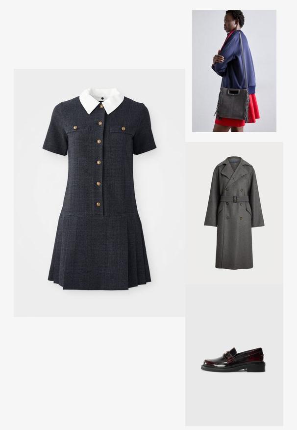 Polo Ralph Lauren Trenchcoat - gray; Marinblå rutig klänning med korta ärmar, vit krage och fem guldknappar. Plisserad kjoldesign ger struktur och kontrast.; Läderloafers i mörk burgunder med en glänsande yta. Har en stickad ovandel, ett framskärp och en platt gummisul.; Grå mockaväska med fransar, stor öppning med topphandtag och en tunn axelrem. Modellen bär en marinblå jacka och röd kjol.