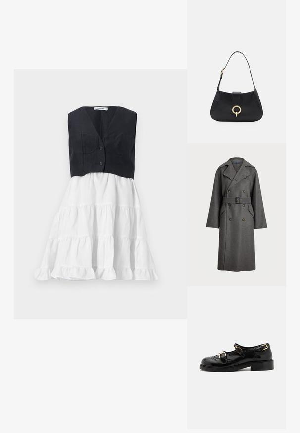 Polo Ralph Lauren Trenci - gray; sandro ROBE - Rochie de zi - noir/ecru; Pantofi din piele neagră cu detalii brogue, având două curele cu cataramă, vârf rotund și toc jos. Textură netedă cu finisaj lucios.; Geantă din piele neagră cu o silueta curbată, curea scurtă, accesorii centrala de nuanță aurie și textură netedă. Fără modele sau accente vizibile.