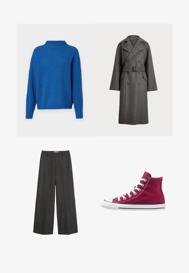 Polo Ralph Lauren Kišni ogrtač - gray; Plavi pleteni pulover s visokim izrezom, slobodnog kroja i dugim rukavima. Ima teksturirani uzorak i rebrasti rub i manžete.; Siva, majica s kratkim rukavima izrađena od mekog, teksturiranog materijala; ima klasičan okrugli izrez i ležeran kroj bez uzoraka ili logotipa.; Hlače širokih nogavica od tamnosive tkanine. Imaju krojeni pojas s petljama za remen, glatku teksturu i minimalne ukrase šavovima.; Visoke tenisice od burgundske platne s bijelim vezicama, gumeni zaštitnik na prstima i crna pruga uz đon. Teksturirano šivanje naglašava dizajn.