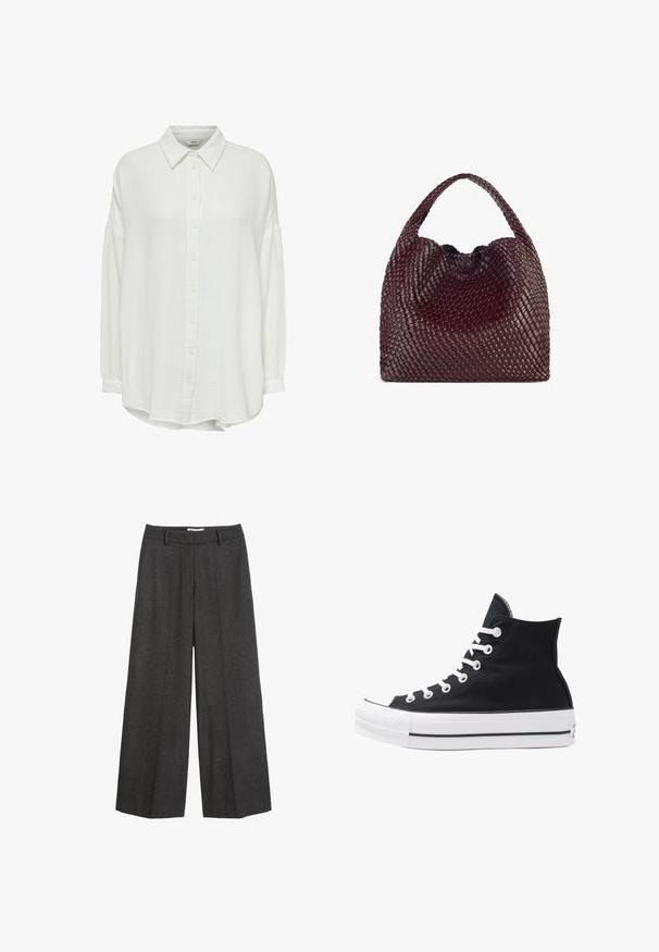 Polo Ralph Lauren Šineļveida mētelis - gray; Balta, krunkāta pogārā krekls ar apkakli, ar garām piedurknēm un brīvu piegriezumu, teksturēts audums un pogu aizdare priekšpusē.; Platas kājas bikses tumši pelēkā audumā. Iezīmēts ar pielāgotu jostas vietu ar jostas cilpām, gludu tekstūru un minimālām šuvju akcents.; Augstie melnie kanvas sporta apavi ar baltām acs caurumiem, auklām un gumijas zoli. Iespējamais teksturēts purngals un melnbaltas svītras.; Austiņota bordo rokassoma ar apaļu formu un vienu rokturi, kas ir ar teksturētu virsmu un elastīgu aukliņu aizdari.