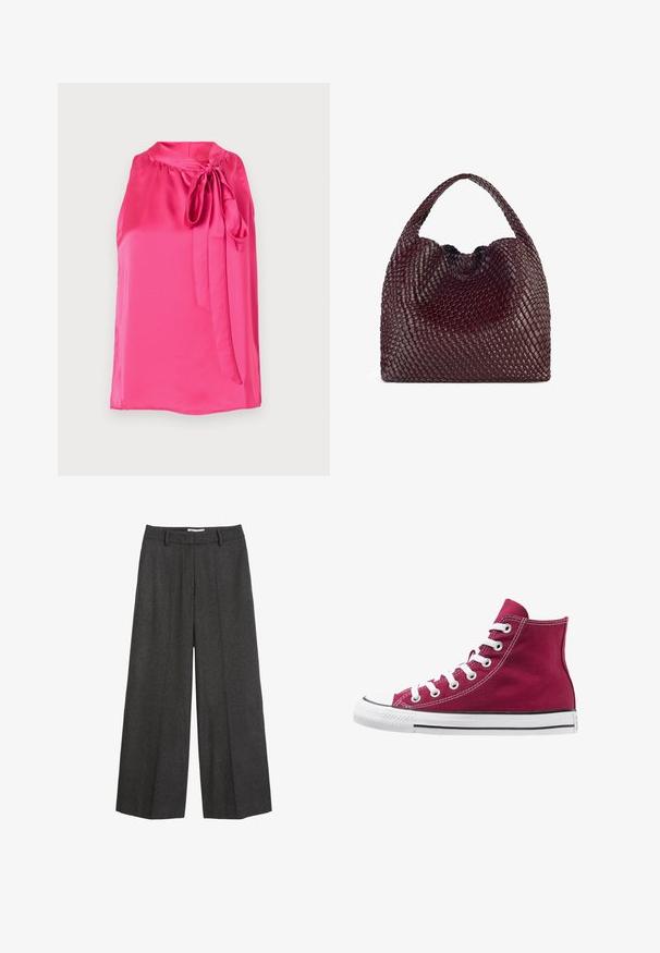 Polo Ralph Lauren Lietpaltis - gray; Rožinė atlasinė be rankovių bliuzonas su apvalia iškirpte ir pririštu kaspinu priekyje, turintis lygią tekstūrą ir plazdančią dizainą.; Platus kojas kelnes tamsiai pilkos spalvos audinio. Yra pritaikytas liemuo su dirželių kilpomis, lygus paviršius ir minimalūs siuvimo akcentai.; Burgundinės kanvos aukštakulnės sportbačiai su baltais raišteliais, guminis piršto dangtelis ir juoda juosta palei padą. Tekstūruota siuvinėta detalė pabrėžia dizainą.; Austis raudonas pintas rankinės su apvalia forma ir viena rankena, kuri turi tekstūruotą paviršių ir elastingą raištelį.