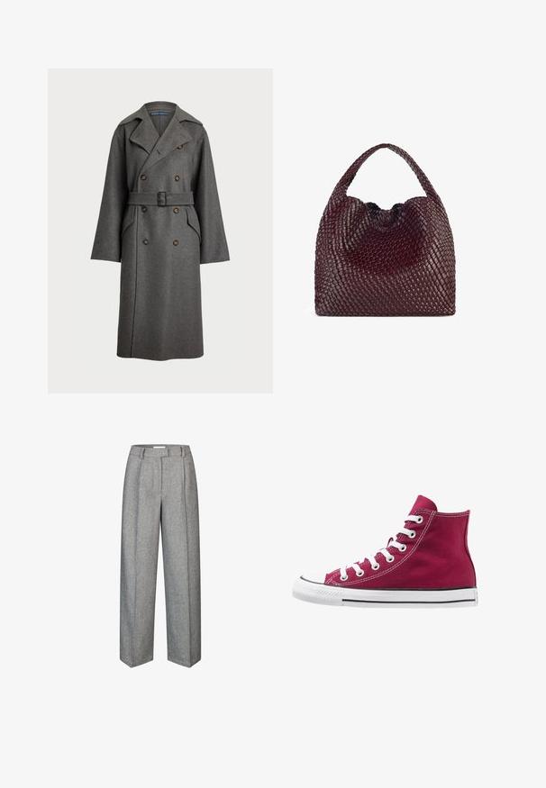 Polo Ralph Lauren Trenčkot - gray; Šedé tričko s krátkým rukávem vyrobené z jemné texturované tkaniny; má klasický kulatý výstřih a uvolněný střih bez jakýchkoliv vzorů nebo log. ; Šedé vlněné kalhoty s širokým střihem, s řasením, vysokým pasem a texturovanou tkaninou. Přizpůsobený střih s hladkým povrchem.; Vysoké tenisky vyrobené z burgundské plátna s bílými tkaničkami, gumovou špičkou a černým pruhem podél podrážky. Texturované prošívání zvýrazňuje design.; Tkaná bordó kabelka s kulatým tvarem a jedním uchopem, která má texturovaný povrch a elastické stahovací šňůrky.