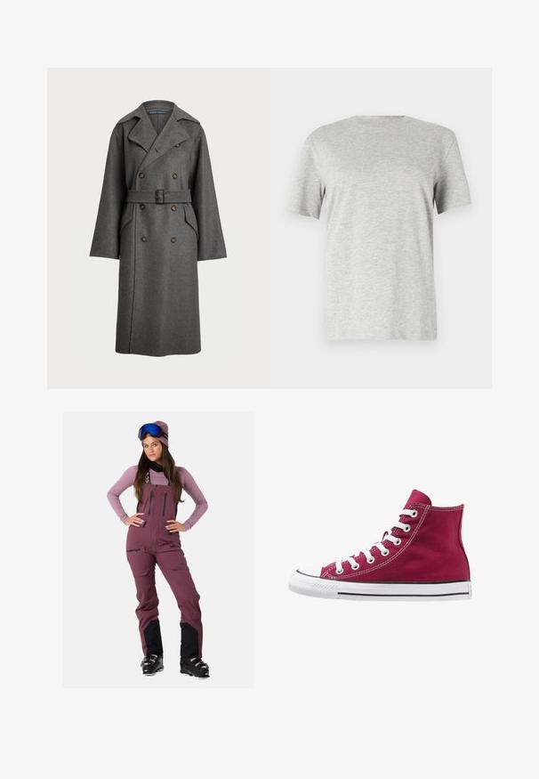 Polo Ralph Lauren Trench - gray; T-shirt gris à manches courtes en tissu doux et texturé ; il présente un col rond classique et une coupe décontractée, sans motifs ni logos.; Combi-ski maroon avec des accents noirs, bretelles ajustables, plusieurs poches zippées, associé à une chemise à manches longues lilas claire et des lunettes de ski.; Baskets montantes en toile bordeaux avec des lacets blancs, embout en caoutchouc et bande noire le long de la semelle. Des coutures texturées soulignent le design.