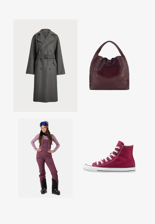 Polo Ralph Lauren Trenchcoat - gray; Gray, short-sleeve t-shirt made of soft, textured fabric; features a classic crew neck and a relaxed fit without any patterns or logos.; Maroon ski overall with black accents, adjustable straps, multiple zippered pockets, paired with a light purple long-sleeve shirt and ski goggles.; High-top sneakers made of burgundy canvas with white laces, rubber toe cap, and black stripe along the sole. Textured stitching accents the design.; Woven burgundy handbag with a rounded shape and a single handle, featuring a textured surface and an elastic drawstring closure.