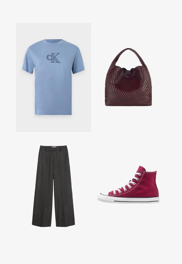 Polo Ralph Lauren Trenssi - gray; Vaaleansininen lyhythihainen puuvillainen t-paita, jossa etupuolella brodeerattu "cK"-logo. Pyöreä pääntie ja normaali istuvuus.; Hyviä leveälahkeisia housuja tummanharmaasta kankaasta. Varustettu räätälöidyllä vyötärökaistalla, jossa on vyölenkit, sileä tekstuuri ja minimaalinen ommelkorostus.; Korkeat tennarit, jotka ovat valmistettu viininpunaisesta kankaasta valkoisilla kengännauhoilla, kumisella varvassuojalla ja mustalla raidalla pohjan varrella. Pintakuvioitu ompelu korostaa muotoilua.; Punainen viininvärinen käsilaukku, joka on pyöreämuotoinen ja jossa on yksi kahva. Laukussa on tekstuuri pinta ja joustava nyöri sulkimena.