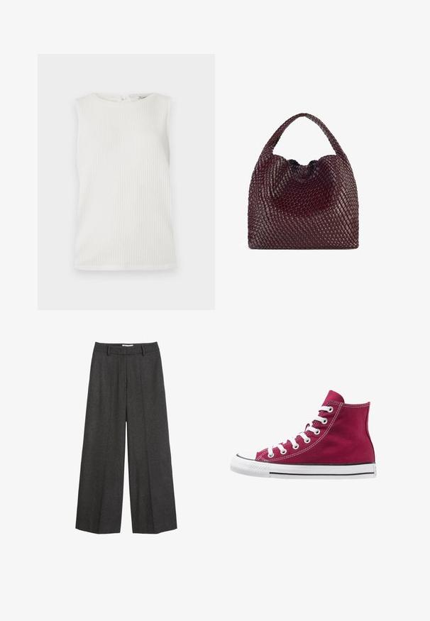 Polo Ralph Lauren Trenci - gray; Top alb fără mâneci, cu o textură ribbată, decolteu rotund și un detaliu mic de închidere la spate. Design simplu, fără modele sau accente.; Pantaloni cu picioare largi dintr-un material gri închis. Prezentă un brâu ajustat cu bucle pentru curea, textură netedă și accente de cusătură minime.; Pantofi sport înalți, din pânză bordeaux, cu șireturi albe, vârf din cauciuc și o dungă neagră pe talpă. Cusăturile texturate accentuează designul.; Geantă burgundă împletită, cu o formă rotundă și o mână unică, având o suprafață texturată și un sistem de închidere cu șnur elastic.