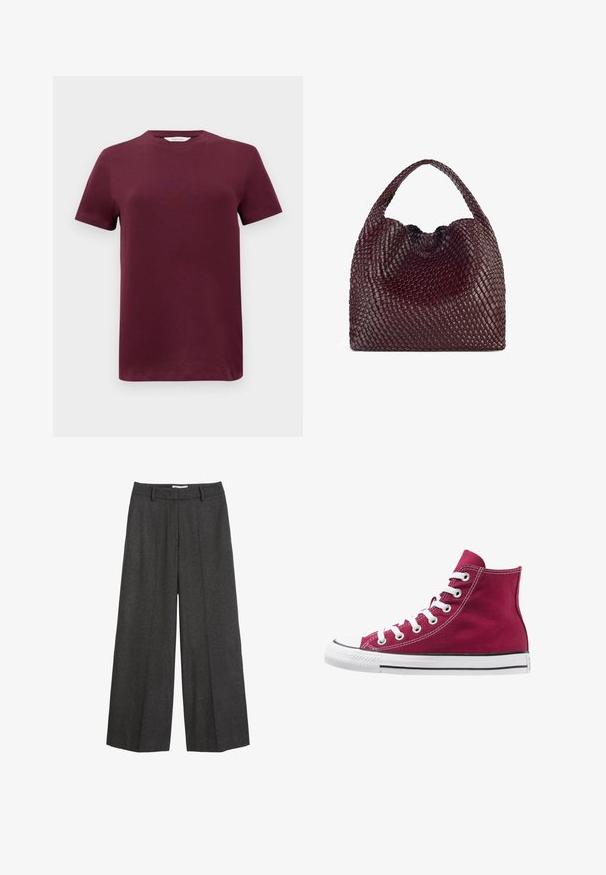 Polo Ralph Lauren Trenchcoat - gray; Bordeaux kortærmet T-shirt i glat bomuldsstof med rund hals og lige kant. Minimalistisk design uden mønstre eller dekorationer.; Bredde bukser i mørkegrå stof. Har en skræddersyet talje med bæltesløjfer, glat tekstur og minimale syninger som detaljer.; Høje sneakers lavet af burgunderrød kanvas med hvide snørebånd, gummitåhætte og sort stribe langs sålen. Struktureret syning fremhæver designet.; Vævet bordeaux håndtaske med en rund form og et enkelt håndtag, der har en struktureret overflade og en elastisk snorelukning.