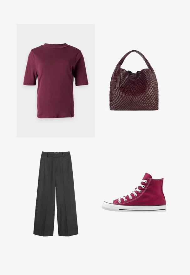 Polo Ralph Lauren Trenchcoat - gray; Short-sleeve maroon t-shirt with a mock neck collar, displayed against a plain white background.; Wide-leg trousers in dark gray fabric. Features a tailored waistband with belt loops, smooth texture, and minimal stitching accents.; High-top sneakers made of burgundy canvas with white laces, rubber toe cap, and black stripe along the sole. Textured stitching accents the design.; Woven burgundy handbag with a rounded shape and a single handle, featuring a textured surface and an elastic drawstring closure.