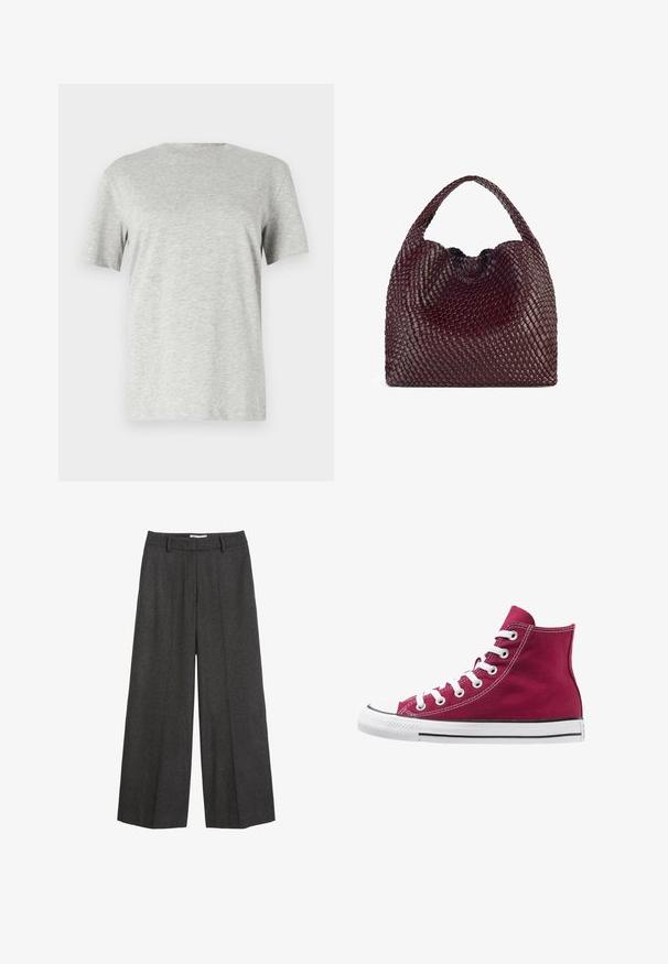 Polo Ralph Lauren Trench - gray; T-shirt grigio a maniche corte realizzato in morbido tessuto testurizzato; presenta un classico collo rotondo e una vestibilità rilassata senza motivi o loghi.; Pantaloni a gamba larga in tessuto grigio scuro. Presentano una vita sartoriale con passanti per cintura, una texture liscia e accenti di cucitura minimal.; Sneaker alte in tela bordeaux con lacci bianchi, punta in gomma e striscia nera lungo la suola. La cucitura testurizzata valorizza il design.; Borsa intrecciata color bordeaux con forma arrotondata e manico singolo, dotata di una superficie testurizzata e chiusura a coulisse elastica.
