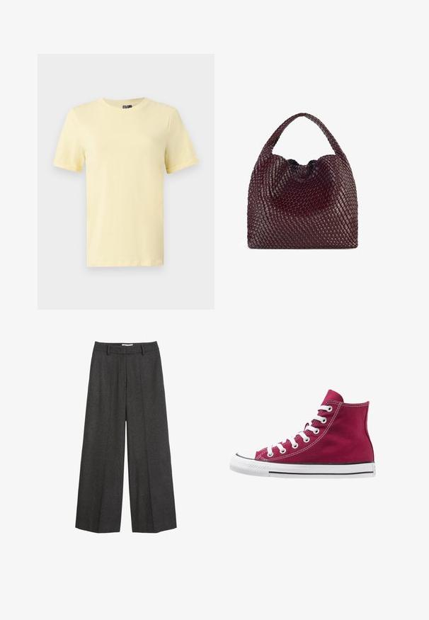 Polo Ralph Lauren Trenchcoat - gray; Gul kortærmet T-shirt lavet af blødt bomuld med rund crew-halsudskæring, der har en glat tekstur og ingen synlige mønstre eller accenter.; Bredde bukser i mørkegrå stof. Har en skræddersyet talje med bæltesløjfer, glat tekstur og minimale syninger som detaljer.; Høje sneakers lavet af burgunderrød kanvas med hvide snørebånd, gummitåhætte og sort stribe langs sålen. Struktureret syning fremhæver designet.; Vævet bordeaux håndtaske med en rund form og et enkelt håndtag, der har en struktureret overflade og en elastisk snorelukning.