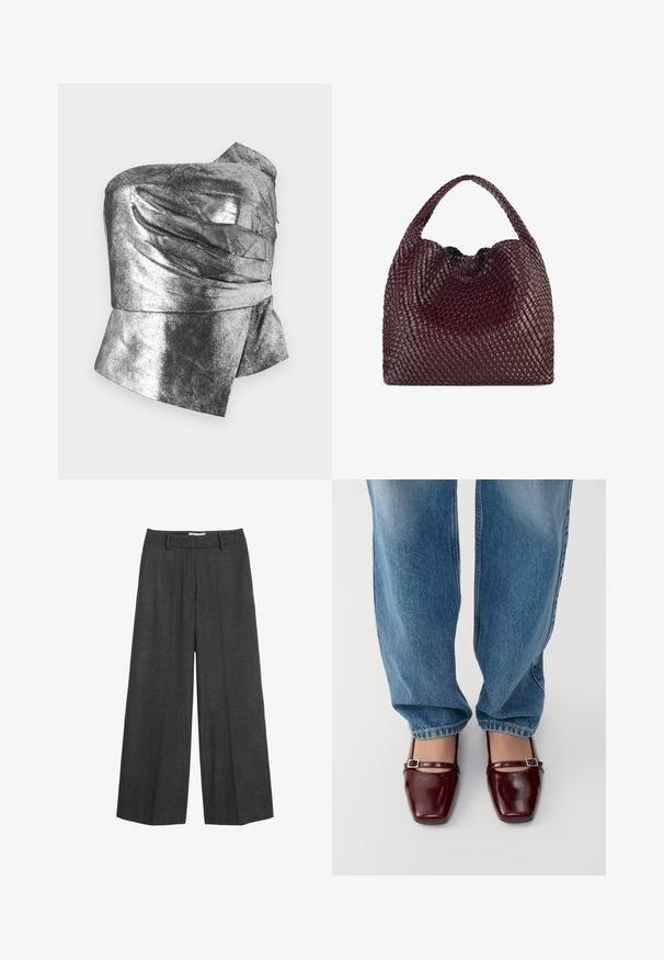 Polo Ralph Lauren - Prochowiec; Metaliczny srebrny top bez ramiączek o fakturowanej powierzchni. Posiada marszczone detale i asymetryczny dół. Wykonany z błyszczącego, lekkiego materiału.; Spodnie o szerokich nogawkach w ciemnoszarym kolorze. Posiadają dopasowany pasek w talii z szlufkami, gładką fakturę oraz minimalistyczne akcenty w postaci szwów.; Burgundowe lakierowane buty ze kwadratowym noskiem i paskiem na kostce, w zestawieniu z jasnoniebieskimi dżinsami o luźnym kroju. Buty mają błyszczące wykończenie.; Torebka w kolorze burgundowym, pleciona, o zaokrąglonym kształcie i pojedynczym uchwycie, z teksturowaną powierzchnią oraz elastycznym zaciąganym zapięciem.