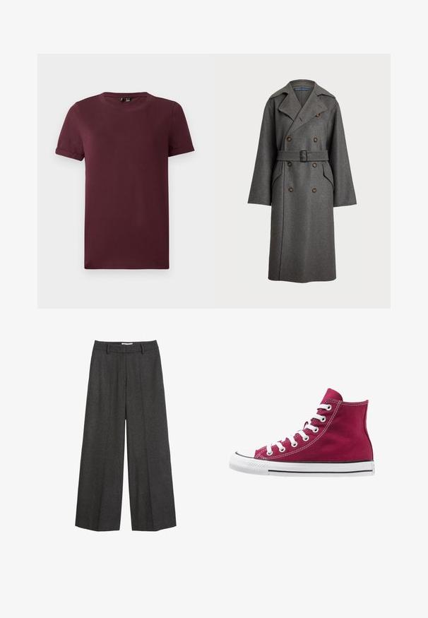 Polo Ralph Lauren Trenssi - gray; Burgundin T-paita, joka on valmistettu pehmeästä puuvillasta. Siinä on pyöreä kaula-aukko, lyhyet hihat ja rento istuvuus, sekä sileä pinta ilman näkyviä kuvioita.; Hyviä leveälahkeisia housuja tummanharmaasta kankaasta. Varustettu räätälöidyllä vyötärökaistalla, jossa on vyölenkit, sileä tekstuuri ja minimaalinen ommelkorostus.; Korkeat tennarit, jotka ovat valmistettu viininpunaisesta kankaasta valkoisilla kengännauhoilla, kumisella varvassuojalla ja mustalla raidalla pohjan varrella. Pintakuvioitu ompelu korostaa muotoilua.