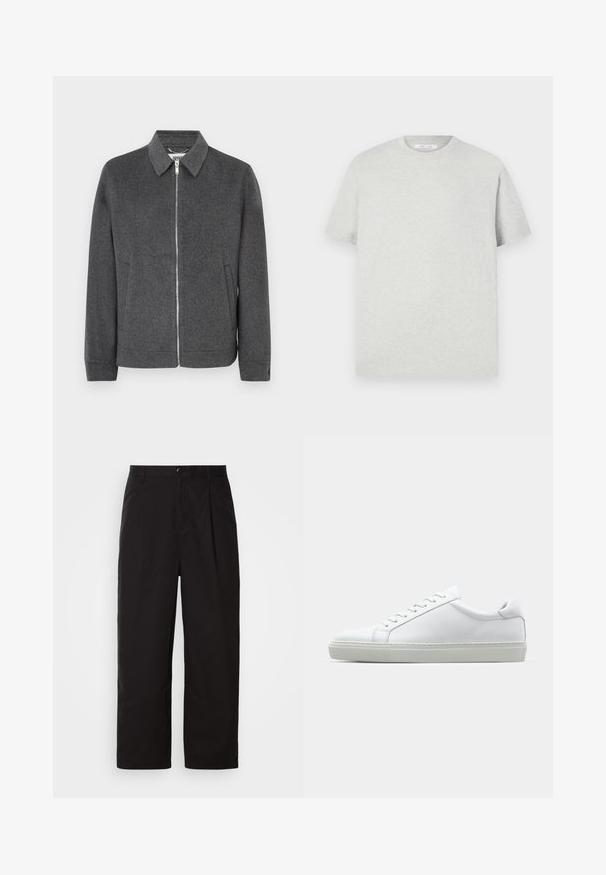 Gray wool zip-up jacket with a collar, long sleeves, side pockets, and a solid texture. Features a silver zipper and logo label inside.; Light grey short-sleeve t-shirt made of soft material, featuring a round crew neck and a relaxed fit with no visible patterns or accents.; Black trousers made of lightweight fabric, featuring a pleated design, straight legs, and a single button closure at the waist.; White sneaker with a smooth leather upper and a low profile. Features a rounded toe, six eyelets, and a textured rubber sole.