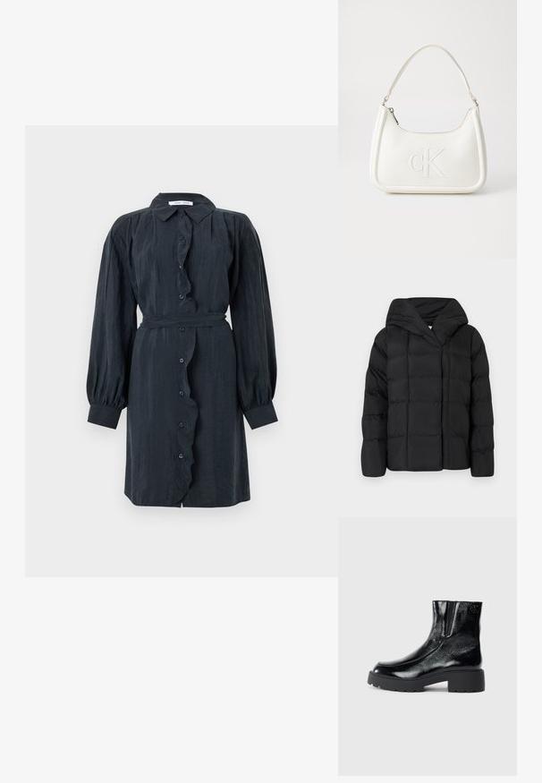 Melnā pūkņu jakas ar kapuci, ar kvadrātu tekstūru un pārspīlētu siluetu. Mīksta auduma ar priekšējo aizdari un minimālistisku dizainu.; Melna ilggalga piedurkne pogu kleita ar volānu apdari un jostu jostasvietā. Izgatavota no teksturēta auduma, ar pūkainām piedurknēm un klasisku apkakli.; Melnas potītes zābaki ar spīdīgu lakotu ādas apdari, masīvu melnu gumijas zoli un paaugstinātu papēdi; satur subtilu logotipa detaļu sānu daļā.; Balta ādas rokassoma ar noapaļotu formu, uz kuras priekšpuses ir izgriezts "CK" logo un viena plecu siksna. Augšā aizverama ar rāvējslēdzēju.