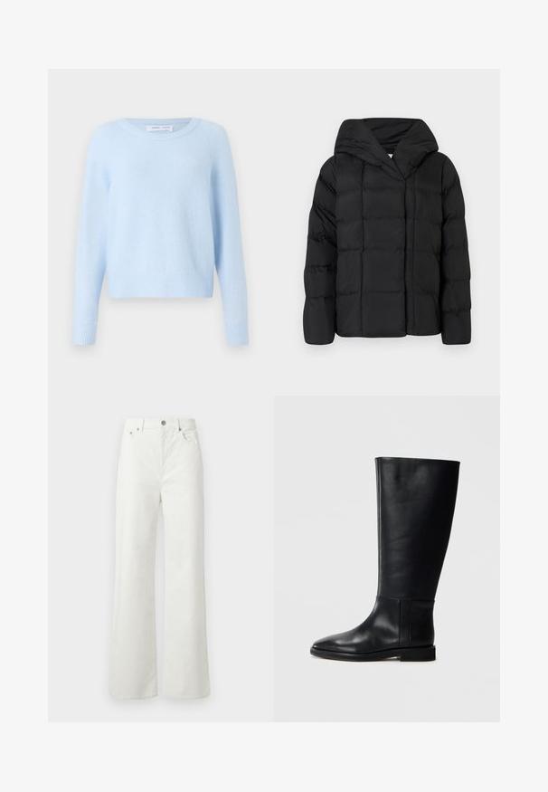 Mustad must puffer-jakk kapuutsiga, millel on tikitud tekstuur ja ülemõõdulised siluett. Pehme kangas ees sulgemisega ja minimalistlik disain.; Hele sinise värviga pehme materjaliga sviiter, millel on ümmargune kaelus, pikad varrukad ning ribakudum mida varrukate ja alumise ääre juures. Klassikaline, lühendatud disain.; Samsøe Samsøe SHELLY - Avar lõikega teksad - clear cream; Mustadast mustad nahast põlve kõrgus kingad, ümarate varvastega, siledast tekstuurist, minimalistlikus disainis ja lame tallaga. Lihtsad õmbluse detailid varrel.