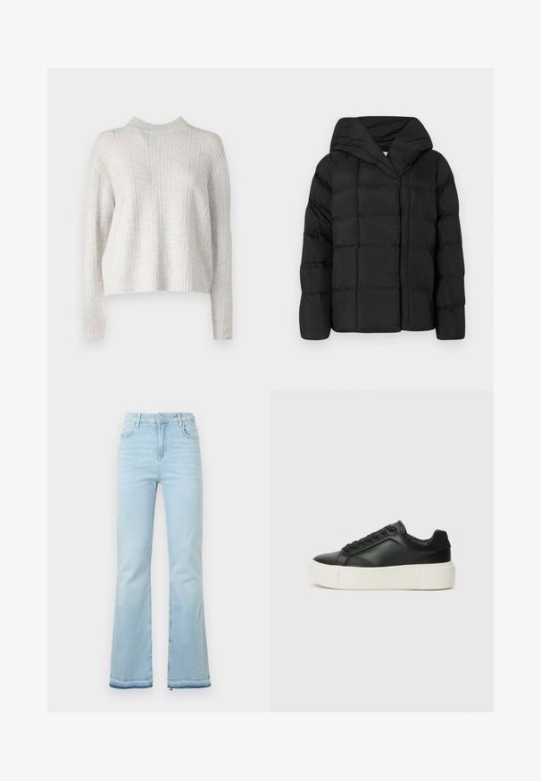 Svart puffjakke med hette, med en quiltet tekstur og oversized silhuett. Mykt stoff med frontlukking og et minimalistisk design.; Lys grå genser i strikk med høy hals, med vertikal ribbestruktur og korte ermer. Mykt stoff med et koselig utseende.; Lyseblå flagrende jeans laget av denim, med høy midje, frontlommer og rå kant ved mansjettene for et uformelt utseende.; Sorte lær sneakers med rund tå, hvit plattformsåle og svarte snøring. Har en subtil logo på hælen og jevn tekstur.
