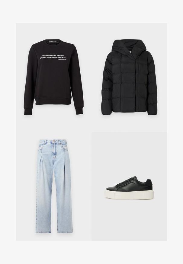 Melnā pūkņu jakas ar kapuci, ar kvadrātu tekstūru un pārspīlētu siluetu. Mīksta auduma ar priekšējo aizdari un minimālistisku dizainu.; Melnā sporta krekla ar apaļu kakla izgriezumu un garām piedurknēm. Uz priekšpuses ir balti burti: "PERSONALITĀTE SĀKAS TUR, KUR SALĪDZINĀŠANA BEIDZAS". Gluda tekstūra.; Gaiši zilas džinsu bikses ar augstu jostasvietu, plats kāju griezumu, divām sānu kabatām un krokotā dizaina akcentiem. Mīksta tekstūra ar izdilušu apdari.; Melnas ādas kedas ar noapaļotu pirkstu, baltu platformas zoli un melnām auklām. Iespējams, satur diskrētu logo uz papēža un gludu tekstūru.