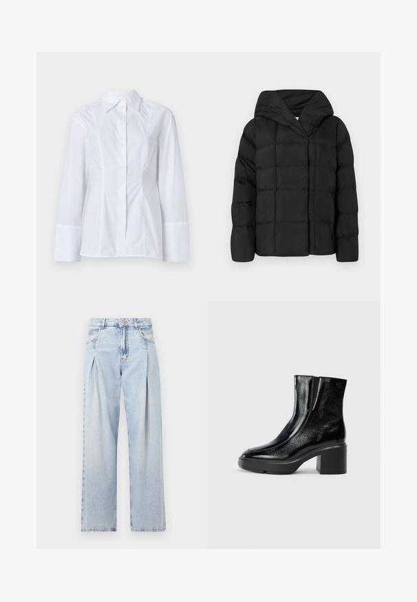 Mustad must puffer-jakk kapuutsiga, millel on tikitud tekstuur ja ülemõõdulised siluett. Pehme kangas ees sulgemisega ja minimalistlik disain.; Valge pikakäine särk puuvillakangast, millel on järsult väljaulatuv krae, nööpidega ees sulgemine ja peened vertikaalsed õmblused esiküljel.; Heledad sinise denimist valmistatud teksapüksid kõrge vöökohaga, laia jala lõikega, kahe külje taskuga ja pleedi disainiga. Pehme tekstuur ja pleekinud viimistlus.; Mustmustest must paeltega särkide, millel on kõver varvas, elastsed külgpaneelid ja jäme plokkpealse. Tagaküljel on reljeefne logo.