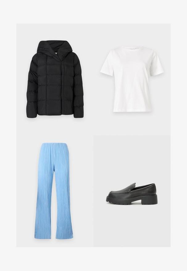 Černá péřová bunda s kapucí, vyznačující se prošívanou texturou a oversized siluetou. Jemný materiál s předním zapínáním a minimalistickým designem.; Bílý bavlněný tričko s krátkým rukávem, kulatým výstřihem a volnějším střihem. Hladká textura, bez vzorů nebo akcentů, minimalistický design.; Světle modré skládací kalhoty s širokým střihem, která mají vertikální pruhy a elastický pas pro pohodlí. Hladká, lehká tkanina.; Černé kožené mokasíny s okrouhlou špičkou, silnou strukturovanou podrážkou a minimálními detaily šití. Elegantní design bez viditelných tkaniček nebo kovových prvků.