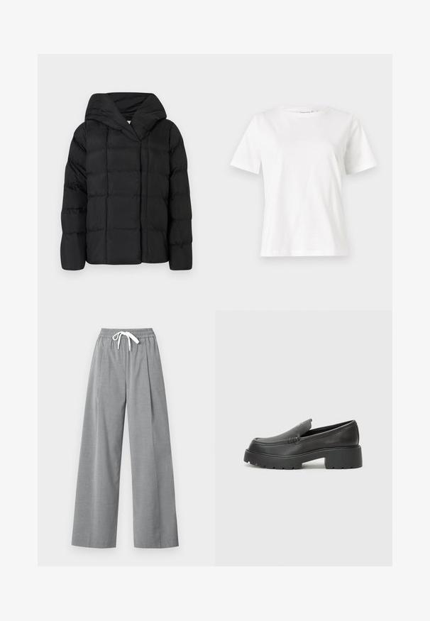 Mustad must puffer-jakk kapuutsiga, millel on tikitud tekstuur ja ülemõõdulised siluett. Pehme kangas ees sulgemisega ja minimalistlik disain.; Valge puuvillane T-särk lühikeste varrukatega, ümmarguse kaelusega ja vabalt istuv. Sile tekstuur, ilma mustrite ja aktsentideta, minimalistik disain.; Hallid graažid laiad püksid, mis on valmistatud kergest kangast, plekitud esiosa ja elastse vöökohtaga, millel on valge pael.; Mustad nahast loafers ümarate varvastega, paksu tekstuuriga tald ja minimaalsete õmbluse detailidega. Viimistletud disain, kus pole nähtavaid paelu ega riistu.