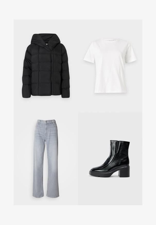 Black puffer jacket with a hood, featuring a quilted texture and oversized silhouette. Soft fabric with front closure and a minimalist design.; White cotton t-shirt with short sleeves, round neckline, and a relaxed fit. Smooth texture, no patterns or accents, minimalistic design.; Light gray wide-leg jeans with a high waist, made of denim. Features front pockets, a zipper fly, and subtle fading throughout.; Black patent leather ankle boots with a curved toe, elastic side panels, and a chunky block heel. Features embossed logo on the back.