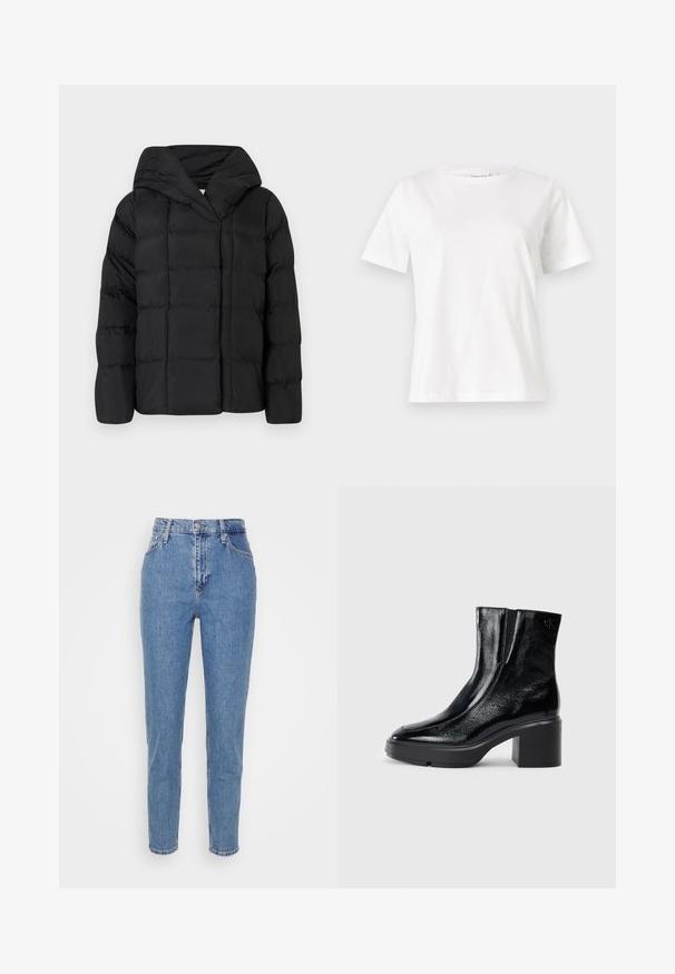 Casaco puffer preto com capuz, apresentando uma textura acolchoada e uma silhueta oversized. Tecido suave com fecho frontal e um design minimalista.; T-shirt de algodão branco com mangas curtas, decote redondo e um corte descontraído. Textura suave, sem padrões ou detalhes, design minimalista.; Jeans azuis de cintura alta, com pernas retas, fecho frontal com botão e zipper, passagens para cinto e bolsos, exibidos sobre um fundo branco liso.; Botas de tornozelo de verniz preto com ponta curva, painéis laterais elásticos e um salto quadrado robusto. Apresenta um logotipo em relevo na parte de trás.