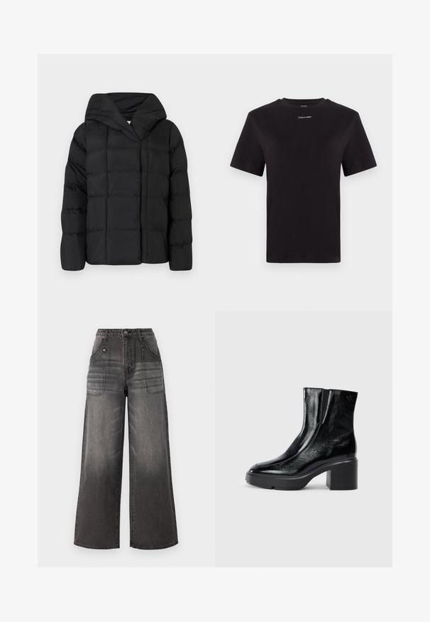 Melnā pūkņu jakas ar kapuci, ar kvadrātu tekstūru un pārspīlētu siluetu. Mīksta auduma ar priekšējo aizdari un minimālistisku dizainu.; Melna kokvilnas T-kreklu ar īsām piedurknēm, apaļu kakla izgriezumu un nelielu baltu "Calvin Klein" logotipu krūtīs. Gluda tekstūra, klasiskā piegriezuma.; Platās kājas melni džinsi ar izbalējušu apdari, ar divām priekšējām kabatām un kontrastējošām šuvēm. Materiāls ir izturīgs ar teksturētu virsmu.; Melnas lakotas ādas potītes zābaki ar izliekto purngalu, elastīgām sānu paneļiem un masīvu blokveida papēdi. Aizmugurē ir izsistā logo.