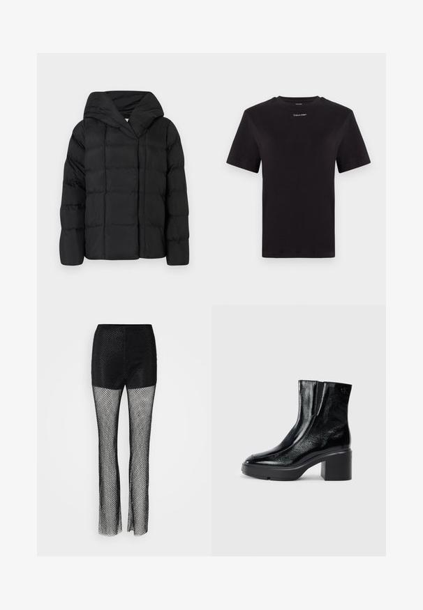Black puffer jacket with a hood, featuring a quilted texture and oversized silhouette. Soft fabric with front closure and a minimalist design.; Black cotton t-shirt with short sleeves, crew neck, and small white "Calvin Klein" logo at the chest. Smooth texture, classic fit.; Black fishnet pants with a solid top section, featuring a wide leg design and textured mesh fabric throughout.; Black patent leather ankle boots with a curved toe, elastic side panels, and a chunky block heel. Features embossed logo on the back.