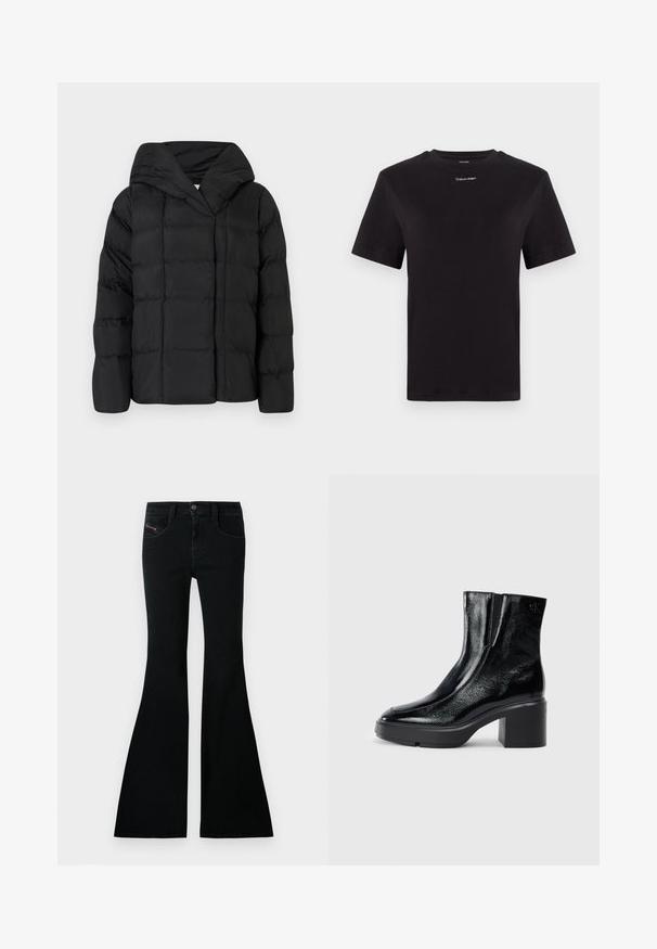 Svart puffjakke med hette, med en quiltet tekstur og oversized silhuett. Mykt stoff med frontlukking og et minimalistisk design.; Svart bomull T-skjorte med korte ermer, rund hals og liten hvit "Calvin Klein" logo på brystet. Glatt tekstur, klassisk passform.; Svarte bell-bukser med høy midje, denimstoff, frontlommer og en liten logo på frontlommen.; Sorte lakkskinn ankelstøvler med buet tå, elastiske sidestykker og en chunky klossheel. Har preget logo på baksiden.