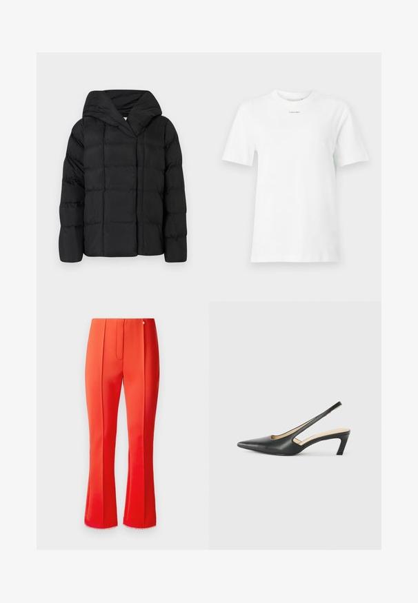 Juodas pūkinis džemperis su gobtuvu, turintis siuvinėtą tekstūrą ir per didelę siluetą. Minkšta medžiaga su priekiniais užtrauktukais ir minimalistiniu dizainu.; Baltas medvilninis marškinėliai su apykakle, trumpomis rankovėmis ir mažu juodu "Calvin Klein" logotipu krūtinėje. Paprastas dizainas, be raštų.; Raudoni satino kelnės su platėjančia forma, su priekiu raukiniu ir dekoratyviniu apvadu apatiniame krašte. Mažas metalinis akcentas yra juosmens srityje.; Juodas smailus slingback batelis su žemu kulnu, pagamintas iš lygaus odos paviršiaus ir su išpjovomis šone, užtikrinančiomis oro pralaidumą.