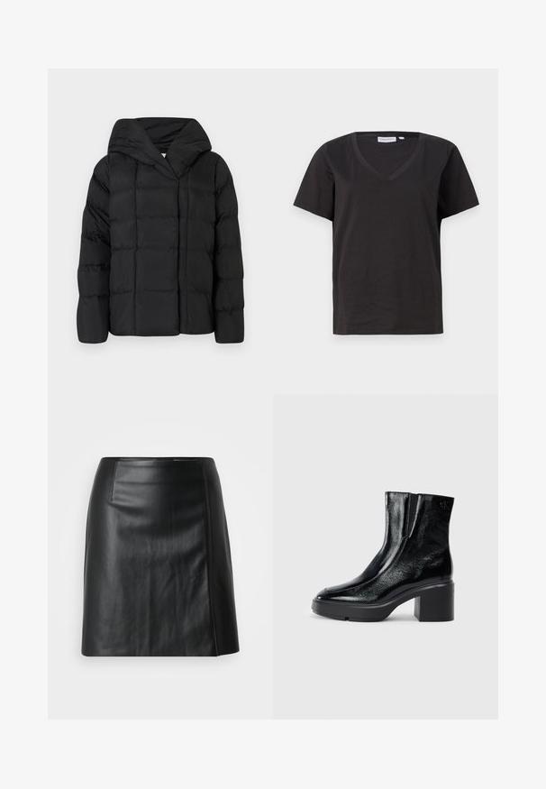 Jachetă puffer neagră cu glugă, având o textură matlasată și o siluetă supradimensionată. Material moale cu închidere frontală și un design minimalist.; Tricou negru din bumbac cu decolteu în V și mâneci scurte. Design simplu, cu o croială normală și fără modele sau accente.; Fustă din piele neagră, design în formă de A, textură netedă, cu o fanta laterală. Prezintă cusături subtile de-a lungul cusăturilor pentru un plus de detaliu.; Bocanci de gleznă din piele lacuită neagră, cu vârf curbat, panouri elastice pe laterale și toc bloc masiv. Prezintă un logo embosat pe spate.