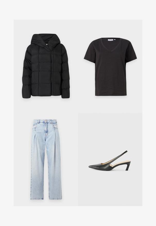 Casaco puffer preto com capuz, apresentando uma textura acolchoada e uma silhueta oversized. Tecido suave com fecho frontal e um design minimalista.; T-shirt de algodão preto com decote em V e mangas curtas. Design simples com um corte regular e sem padrões ou detalhes.; Jeans de denim azul claro com cintura alta, corte largo, dois bolsos laterais e detalhe de pregas. Textura suave com um acabamento desbotado.; Sandal com bico fino e calcanhar baixo, em couro liso, com um design recortado na lateral para respirabilidade.