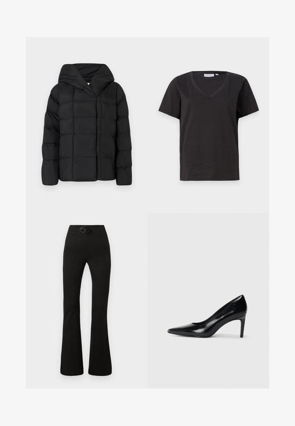 Black puffer jacket with a hood, featuring a quilted texture and oversized silhouette. Soft fabric with front closure and a minimalist design.; Black cotton T-shirt with a V-neck and short sleeves. Simple design with a regular fit and no patterns or accents.; Black flared pants with a smooth texture and a wide waistband featuring a shiny oval logo detail at the front.; Black leather high heel shoe with a pointed toe, smooth texture, and a tapered heel. Minimalist design, no additional embellishments.