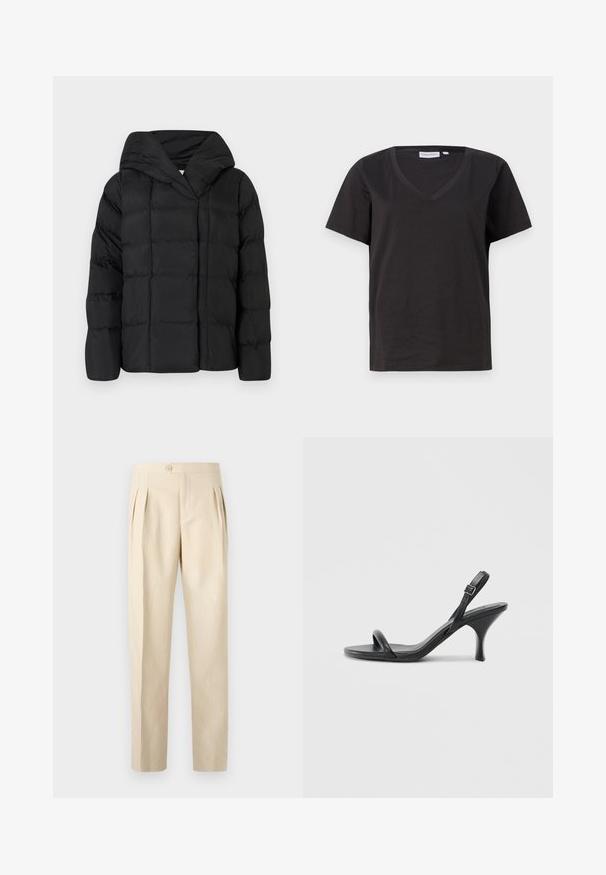 Fekete puffernadrág, kapucnival, steppelt textúrával és oversized fazonnal. Puha anyag, elülső záródással és minimalista dizájnnal.; Fekete pamut póló V-nyakkal és rövid ujjakkal. Egyszerű dizájn, normál fazon, minta vagy díszítés nélkül.; bézs, magas derekú nadrág elülső redőkkel, egygombos záródással és egyenes szárú kialakítással. Texturált, szőtt anyagból készült.; Fekete bőrből készült, magassarkú szandál, vékony, ívelt sarokkal és keresztben átkötött pántokkal. Állítható bokapánt. Sima felület.