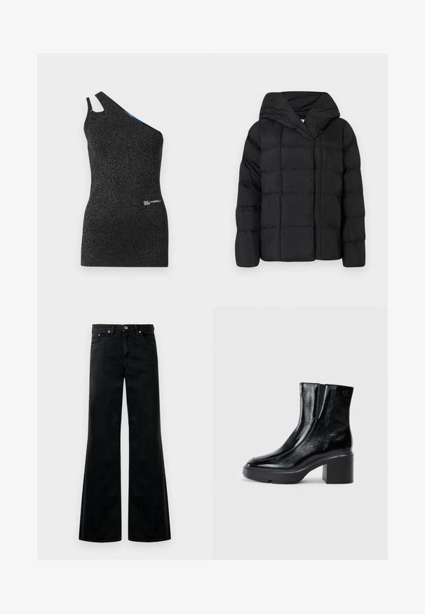 Črna puffer jakna s kapuco, ki ima prešito teksturo in preveliko silhueto. Mehka tkanina z sprednjim zapiranjem in minimalističnim dizajnom.; Črna, enoramna majica iz teksturirane tkanine z metalnimi nitmi. Ima izrezu na rami in detajl z logotipom na robu.; Črne flare kavbojke z visokim pasom, petimi žepi in vidnimi šivi. Gladka tekstura z rahlim leskom.; Črne lakirane gležnjarje z ukrivljenim nosom, elastičnimi stranskimi paneli in debelim blokastim peto. Imajo vtisnjen logotip na zadnjem delu.