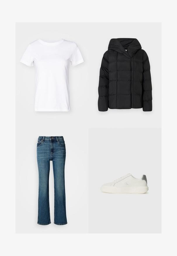 Mustahdin musta takki hupulla, jossa on tikattu rakenne ja ylisuurta siluettia. Pehmeä kangas, etuosan kiinnitys ja minimalistinen muotoilu.; Valkoinen puuvillapaita lyhyillä hihoilla, pyöreällä kaula-aukolla ja hillityllä logotekstillä edessä. Sileä pinta, klassinen malli.; Korkeavyötäröiset siniset farkut, jotka on valmistettu denimistä, ja joissa on suora lahje, hienovarainen haalistuminen sekä tavallinen nappi- ja vetoketjusuljenta.; Valkoinen nahkakenkä, jossa on sileä pinta, hopeinen yksityiskohta kantapäässä, tasapohja ja minimalistinen muotoilu.