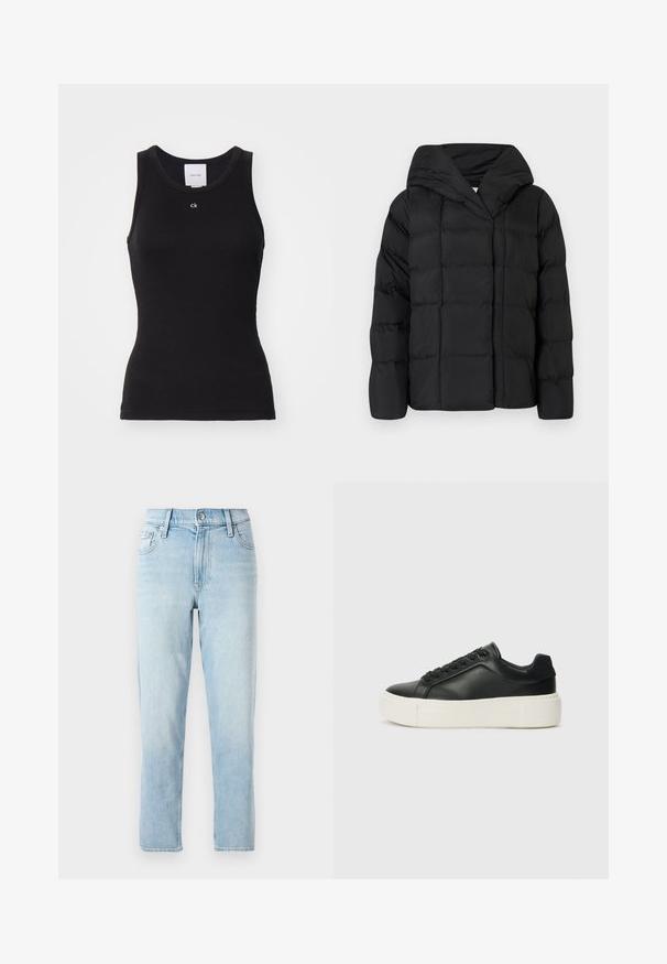 Mustad must puffer-jakk kapuutsiga, millel on tikitud tekstuur ja ülemõõdulised siluett. Pehme kangas ees sulgemisega ja minimalistlik disain.; Must mustriga mustra disainiga, ümmarguse kaelusega ja rinnal valges trükisega "ck" must puuvillane top.; Heledad sinine denimpüksid, sirge säärega disain, keskmise kõrge vöökoht, viie tasku stiil ja nööp sulgemine ees.; Must musta sneaker ümarate varvastega, valge platvormi tallaga ja mustade paeltega. Omab diskreetset logo kandadel ja sileda tekstuuriga.