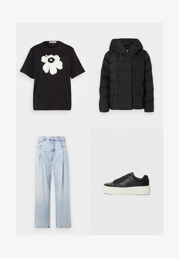 Czarna kurtka puchowa z kapturem, z pikowanym wzorem i oversize'owym krojem. Miękka tkanina z przodem zapinanym na zamek oraz minimalistycznym designem.; Czarna bawełniana koszulka z dużym białym wzorem kwiatowym z przodu, krótkie rękawy i luźny krój. Metka umieszczona na szyi.; Jasnoniebieskie dżinsy z wysokim stanem, szerokimi nogawkami, dwoma bocznymi kieszeniami oraz plisowanym wzorem. Miękka tekstura z wyblakłym wykończeniem.; Czarne skórzane trampki z zaokrąglonym czubkiem, białą platformą i czarnymi sznurówkami. Charakteryzują się subtelnym logo na pięcie i gładką fakturą.