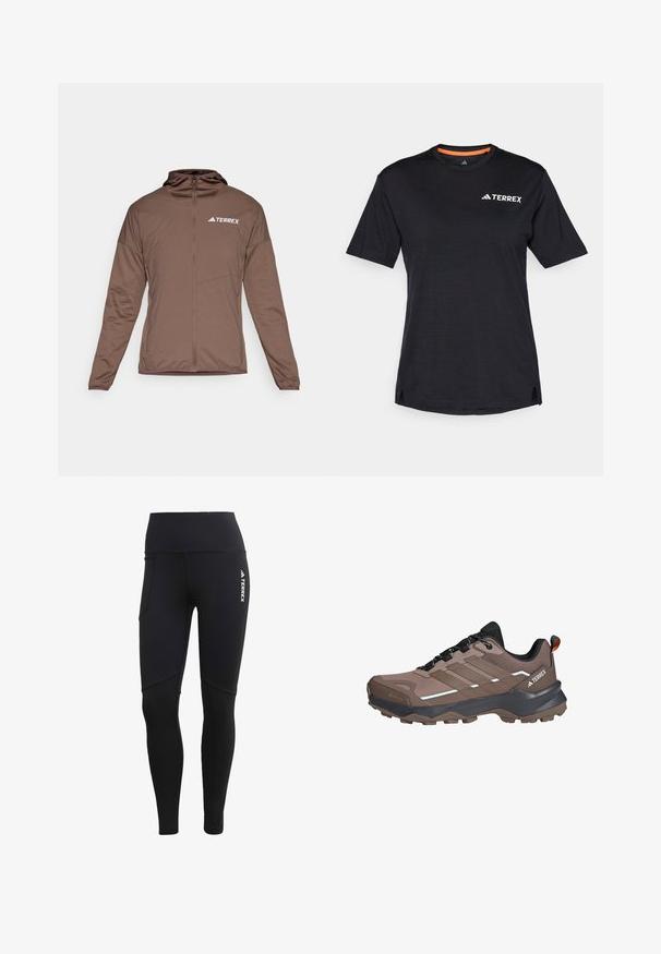 Braune Zip-Jacke mit langen Ärmeln, vorderem Reißverschluss und Kapuze. Hat eine glatte Textur und das weiße "TERREX"-Logo auf der Brust.; Schwarzes Kurzarm-T-Shirt mit Rundhalsausschnitt, das eine dezente melierte Textur aufweist und ein weißes "TERREX"-Logo auf der oberen linken Seite hat.; Schwarze Sportleggings mit hohem Bund, seitlicher Tasche, nahtlosem Design und Terrex-Logo auf der vorderen rechten Seite.; Braune und schwarze Adidas Terrex Wanderschuhe mit Gore-Tex, robusten Sohlen, schwarzen Schnürsenkeln und Obermaterial aus Mesh für den Einsatz im Freien.