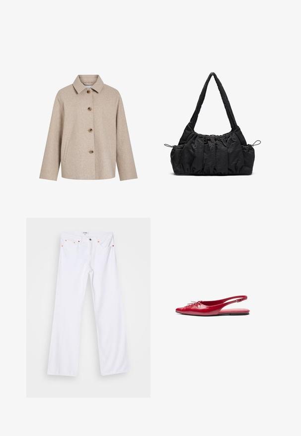 Béžový kabát z vlnenej zmesi s golierom, piatimi hnedými gombíkmi, bočnými vreckami a hranatým strihom. Mäkká textúra a minimalistický dizajn.; Béžový pletený sveter s rebrovaným stojáčikom, manžetami a lemom, obsahujúci čierne prešívanie na pleciach a horných rukávoch.; Biele riflové zvonové nohavice s oranžovým prešívaním, piatimi vreckami a kovovým zapínaním. Povrch má hladký, mierne textúrovaný finiš.; Červené kožené slingback ploché topánky s š piatym prstom a dekoračným šnurovaním vpredu, s úzkym členkovým pásom a plochou podrážkou.; Čierna textilná taška so zhrnutou textúrou, dvoma ramennými popruhmi a sťahovacím uzáverom na stranách. Hladký, ľahký materiál.