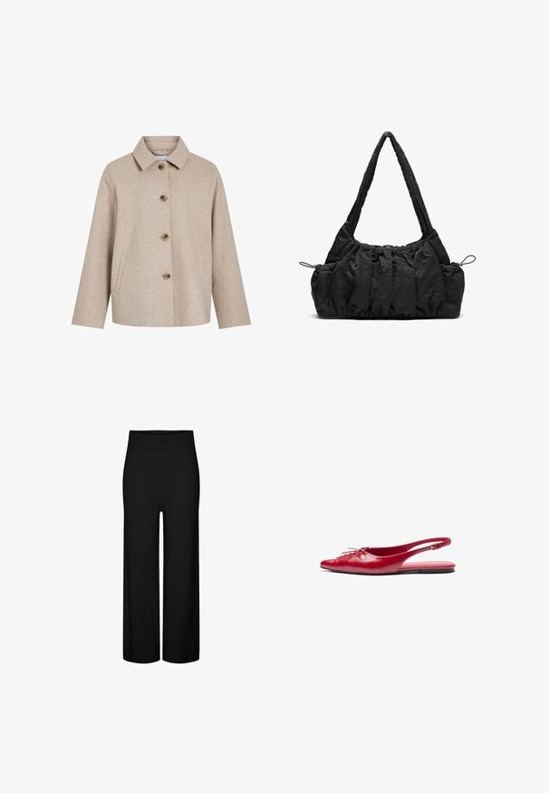 Beige villa sekoitujacket, jossa on kauluksen malli, viisi ruskeaa nappia, sivutaskut ja laatikkomainen silhouette. Pehmeä rakenne ja minimalistinen muotoilu.; Beige neulepaita, jossa on ribbireunus kaula-aukossa, hihoissa ja helmassa, ja joka sisältää mustan ompeleen yksityiskohtia hartioissa ja ylähihoissa.; Mustat leveälahkeiset housut joustavalla vyötäröllä, joiden pinta on sileä ilman näkyviä kuvioita tai koristeita.; Punainen nahkainen slingback-mokkasiini, jossa on teräväkärkinen muotoilu ja koristeellinen nauhakiinnitys edessä. Kenkässä on ohut nilkkaremmi ja tasapohja.; Musta kangaskassi, jossa on rypistetty pinta, kaksi olkahihnaa ja narukiristys sivuilla. Sileä, kevyt materiaali.