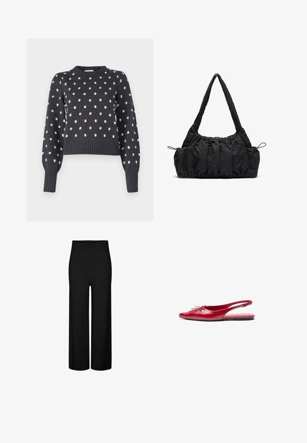 Bežinis vilnos mišinio švarkas su apykakle, penkiomis rudos spalvos mygtukais, šoninėmis kišenėmis ir dėžute panašiu siluetu. Minkšta tekstūra ir minimalus dizainas.; Tamsiai pilkas megztinis su apvalia iškirpte, turintis tekstūruotą šviesiai rožinių taškų raštą ir raištiniais rankogaliais bei apvadu.; Juodi plačiakojai kelnės su tampri juosta, pasižyminčios glotnia tekstūra ir be matomų raštų ar akcentų.; Raudoni odiniai slingback baja su smailiu pirštu ir dekoratyviu raišteliu priekyje, turintis ploną kulkšnies dirželį ir plokščią padą.; Juodas audinio rankinukas su suraizgytu tekstūru, dviem petinėmis rankenomis ir raišteliu šonuose. Sklandus, lengvas audinys.