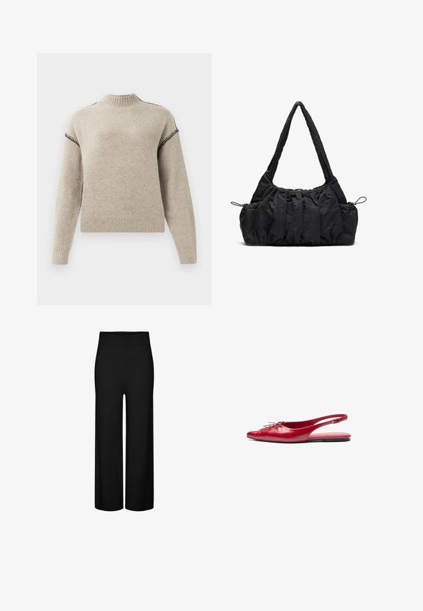 Beige Wollmischung-Jacke mit Kragen, fünf braunen Knöpfen, Seitentaschen und einer boxy Silhouette. Weiche Textur und minimalistisches Design.; Beige Strickpullover mit geripptem Stehkragen, Bündchen und Saum, mit schwarzer Ziernaht entlang der Schultern und oberen Ärmel.; Schwarze weit geschnittene Hose mit dehnbarem Bund, die eine glatte Textur aufweist und keine sichtbaren Muster oder Akzente hat.; Rote Leder-Slingback-Ballerina mit spitzem Zehenbereich und dekorativem Schnürdetail an der Vorderseite, ausgestattet mit einem schmalen Knöchelriemen und flachem Fußbett.; Schwarze Stoffhandtasche mit geraffter Textur, zwei Schulterträgern und Kordelzugverschluss an den Seiten. Glattes, leichtes Material.